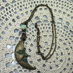 Moon Pendant Necklace with Green glass Accents